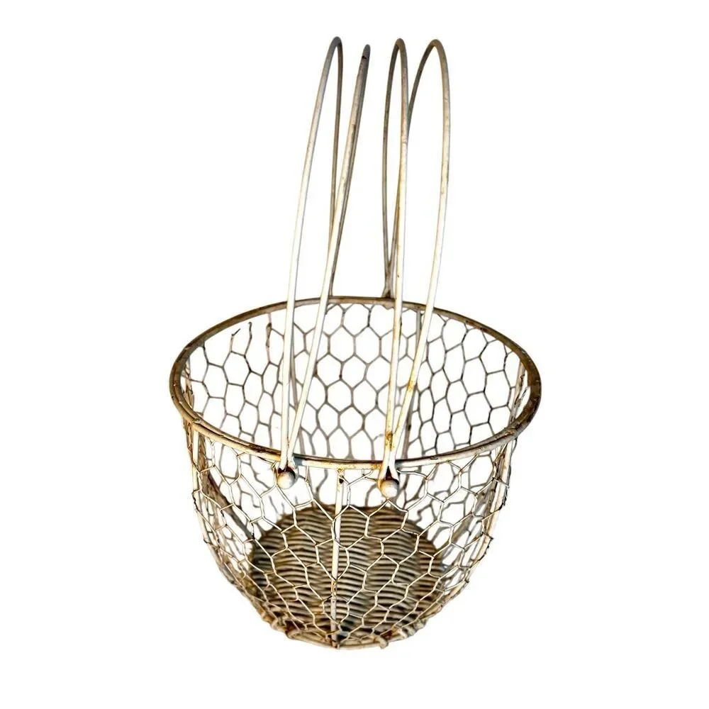 Vintage Wire & Wicker Basket with Handles Egg Basket Cottagecore Grannycore